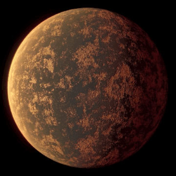 An orange and black exoplanet rotating.