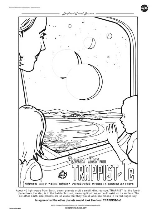 black and white coloring page for the planet showing TRAPPIST-1e and the six other planets like giant moons