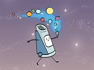 A cartoon of the Kepler spacecraft passes the torch to TESS.