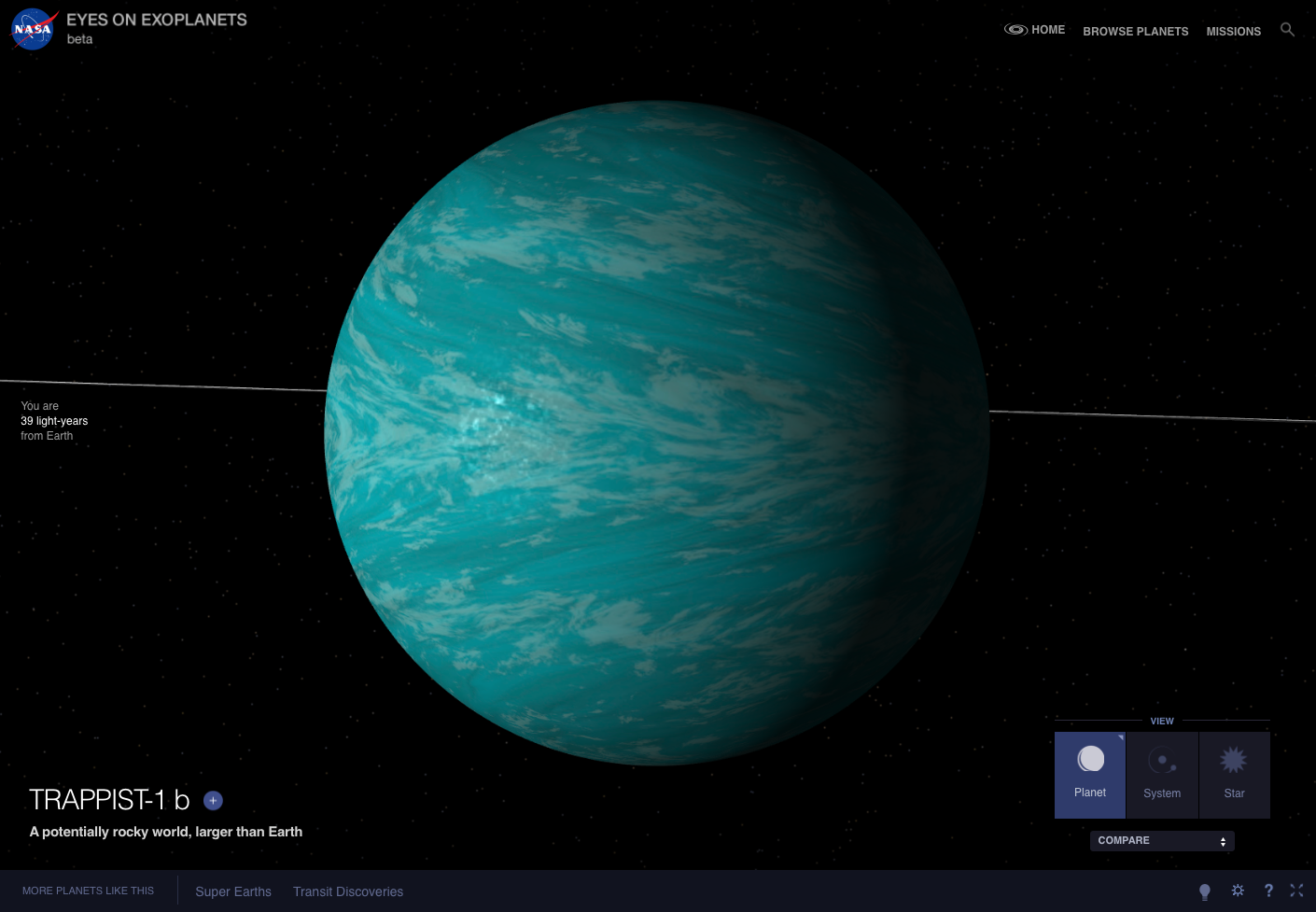 The exoplanet TRAPPIST-1 b is shown as blue in an artist's visualization.