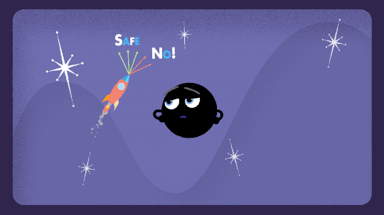 Cartoon black hole seen stretching a rocketship, showing spaghettification.