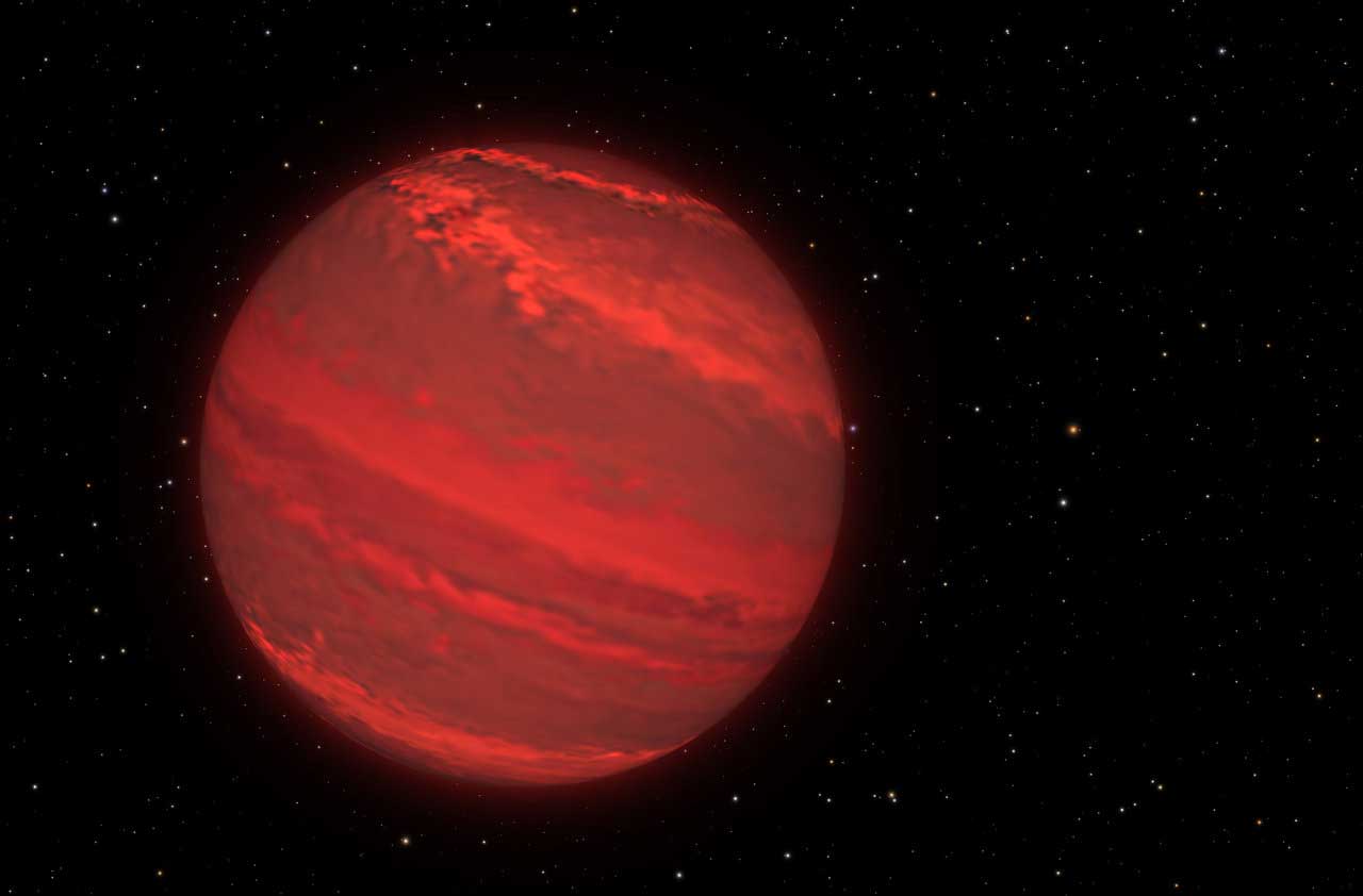 A cloudy red exoplanet is seen in the dark of space.