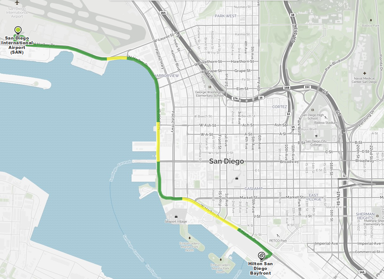 Map from Airport to Hilton San Diego Bayfront Hotel