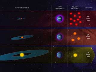 Infographic showing 3 types of stars in our galaxy: M, G and F types. M types are blasted with radiation while orange dwarfs, the F type have more radiation effects than our sun but last a lot longer.