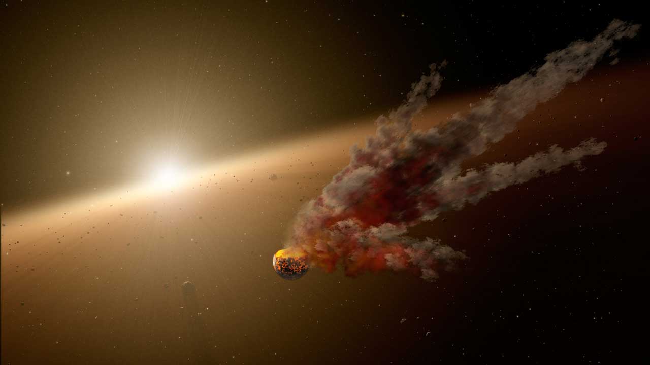 An asteroid impact lights up near a star 
