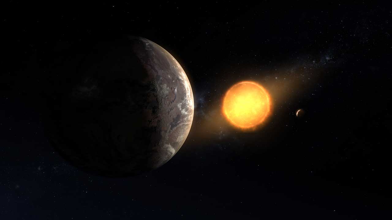 An exoplanet is seen in space orbiting a red dwarf star