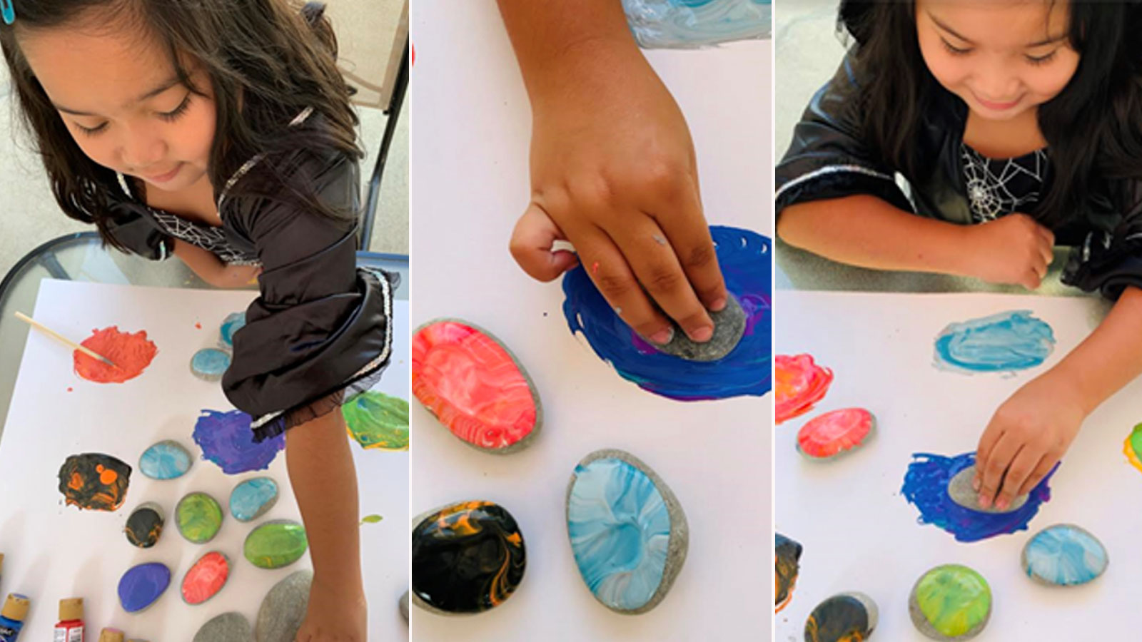 Three images showing a little girl painting rocks.