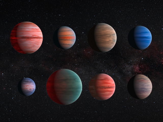 kunstenaarsconcept van verschillende maten en kleuren van planeten