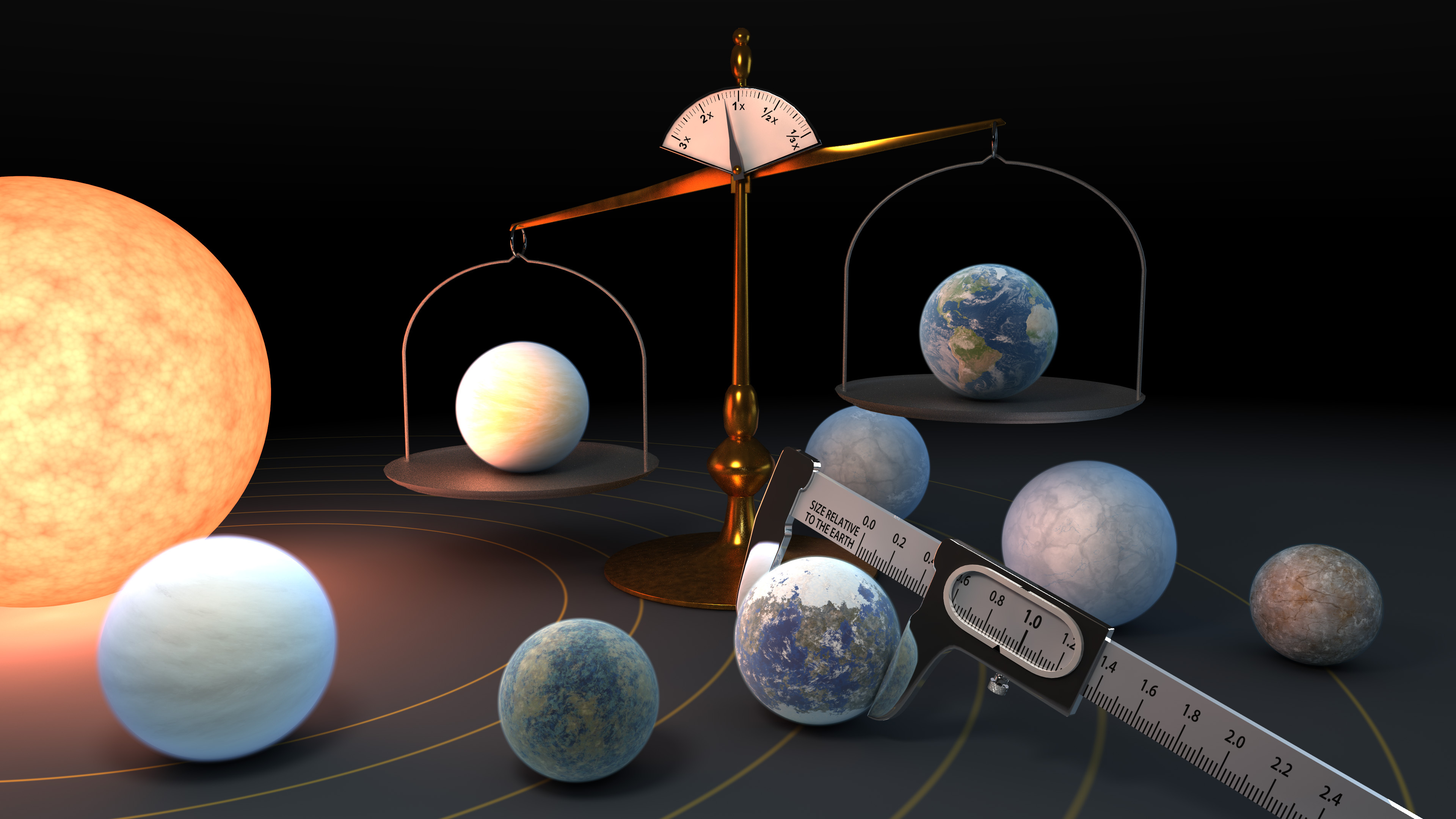 seven trappist-1 exoplanets seen in an illustration