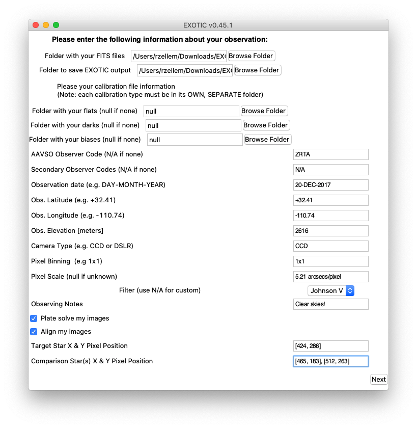 EXOTIC Input Observation Information