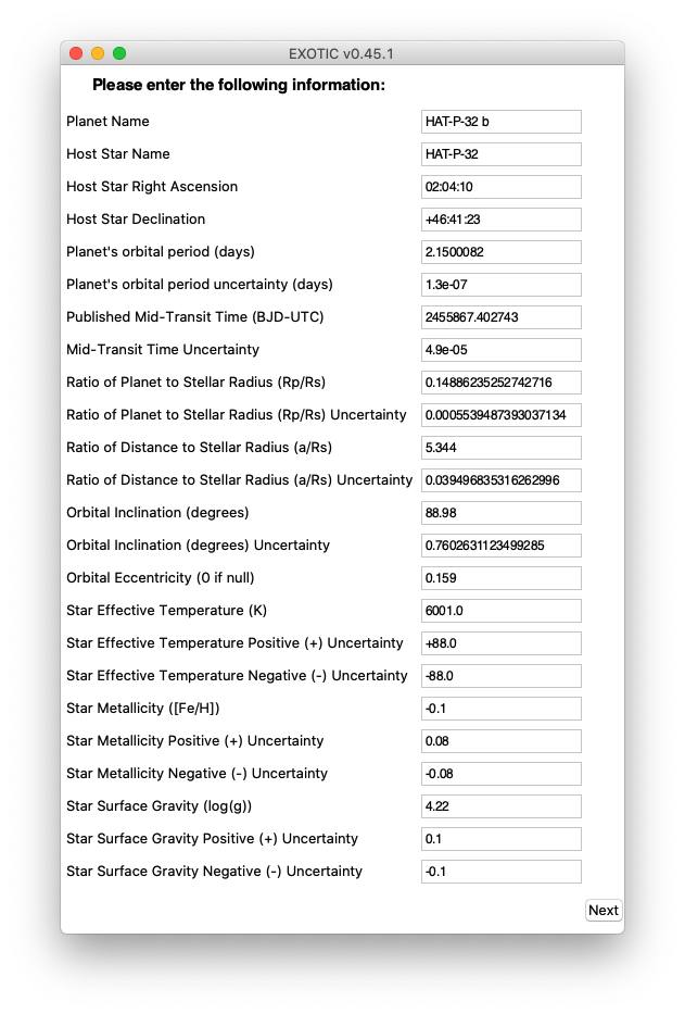 EXOTIC Planetary Parameters