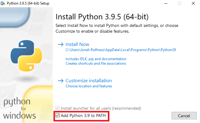 "Add Python 3.9 to PATH" for Windows Installation