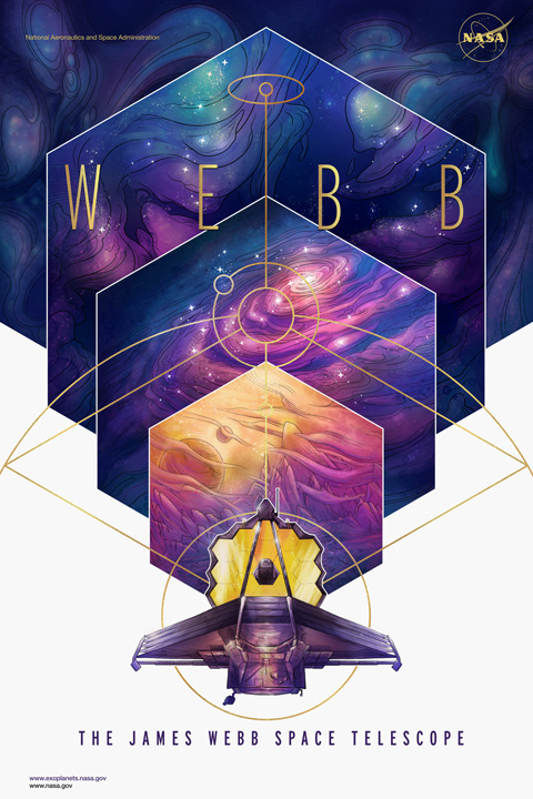 illustrated poster depicting the James Webb Space Telescope against a colorful geometric background