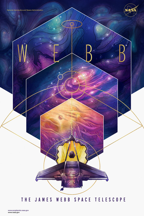 illustrated poster depicting the James Webb Space Telescope against a colorful geometric background