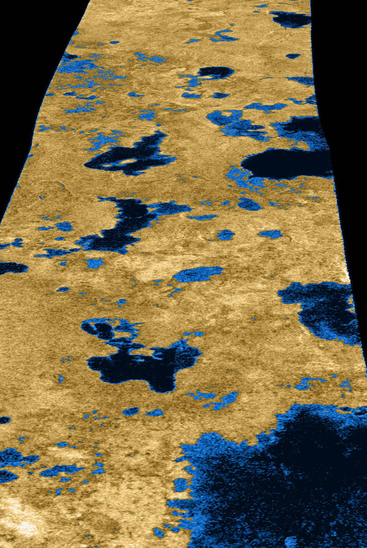 Lakes, darker than the surrounding terrain, are emphasized here by tinting regions of low backscatter in blue. Radar-brighter regions are shown in tan. The strip of radar imagery is foreshortened to simulate an oblique view of the highest latitude region, seen from a point to its west.