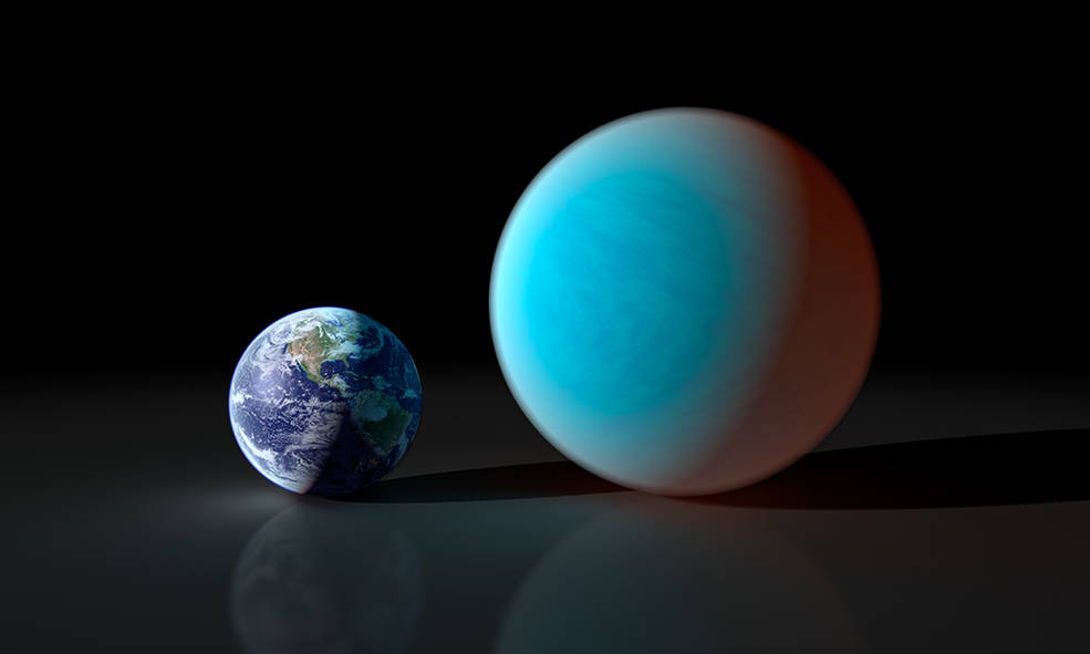 An illustration shows the planet earth is about four times smaller than neptune, pictured next to it.