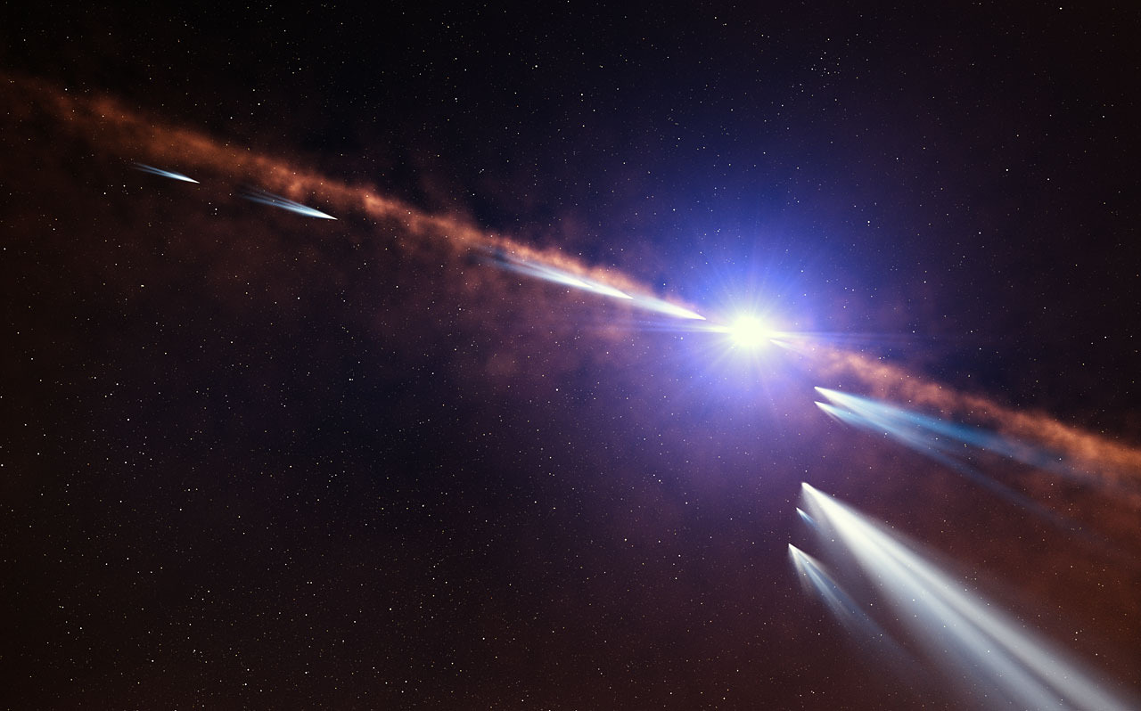 An artist's illustration of a dusty disk of debris with comets shown streaming toward a star.