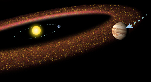 An artist's impression shows Jupiter migrating in toward the sun and Earth.