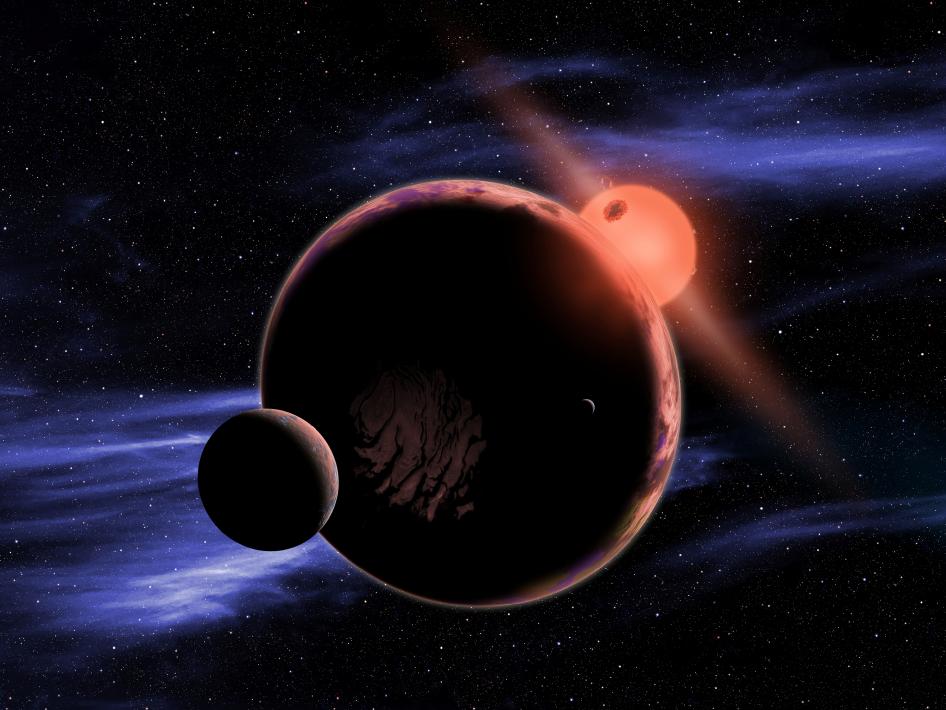 Red dwarf star with possible planet and moon.