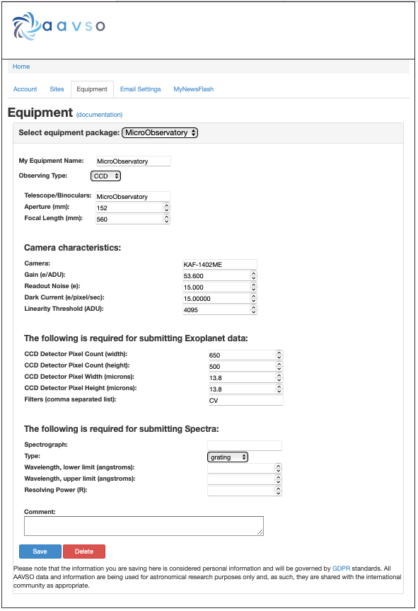 MicroObservatory telescope specifications for AAVSO profile