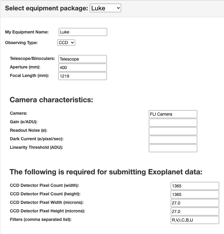 JPL's Table Mountain Facility 0.4 meter telescope parameters for AAVSO