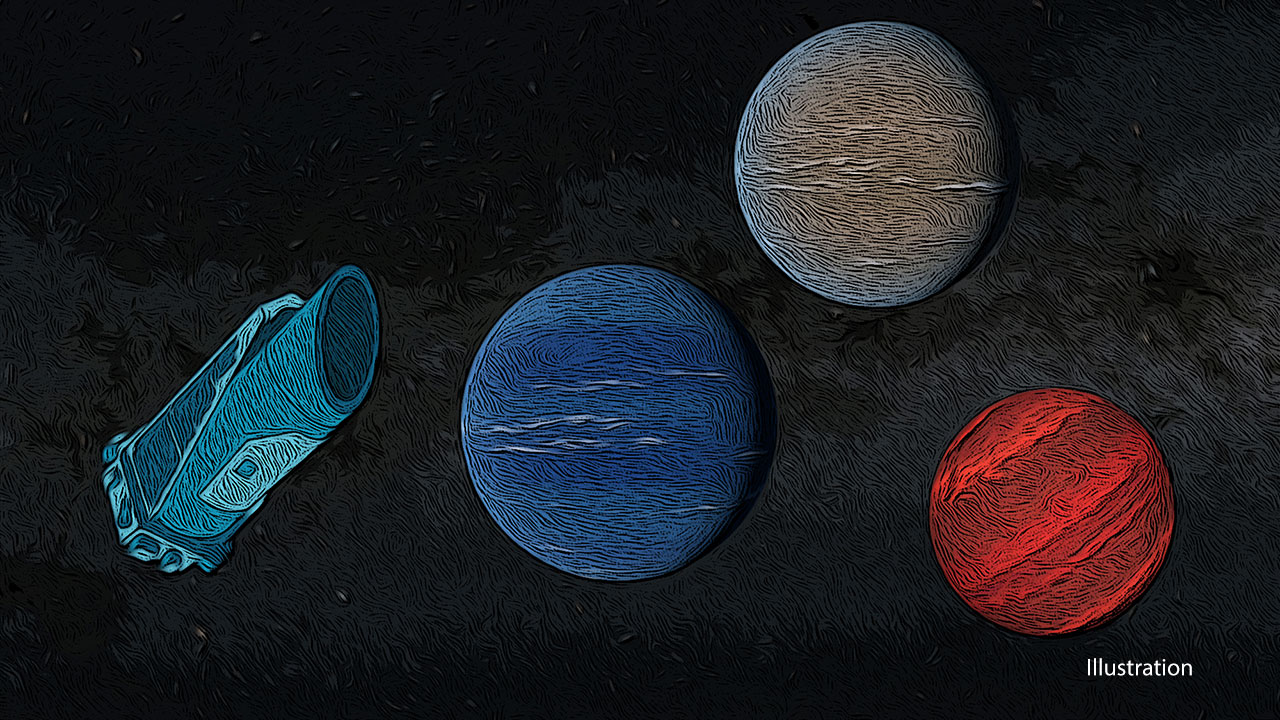 A graphical illustration shows a stylized image of the Kepler Space Telescope floating near three colorful exoplanets. They are gas giant planets of red, blue and brown, with swirling clouds and artistic bands. The image of space in the background is similarly stylized.