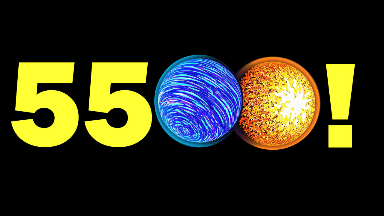 A text graphic shows 5500! With two colorful and stylized exoplanets forming the zeroes of 5,500.