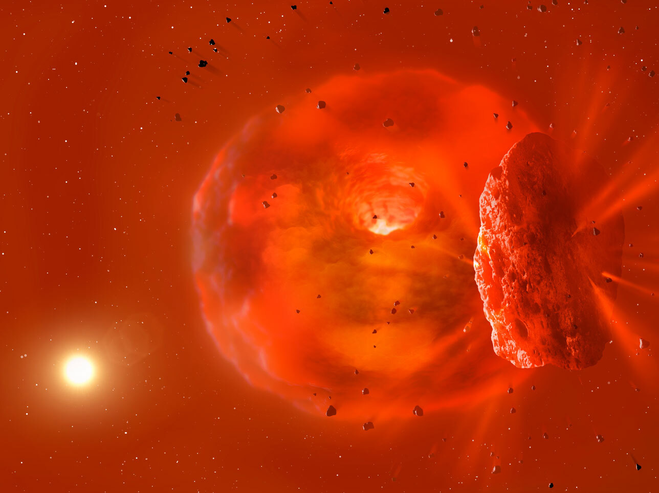 An artist's concept illustration shows two large planet-sized objects colliding in space to the right of a bright star. The area is bathed in an orange glow.