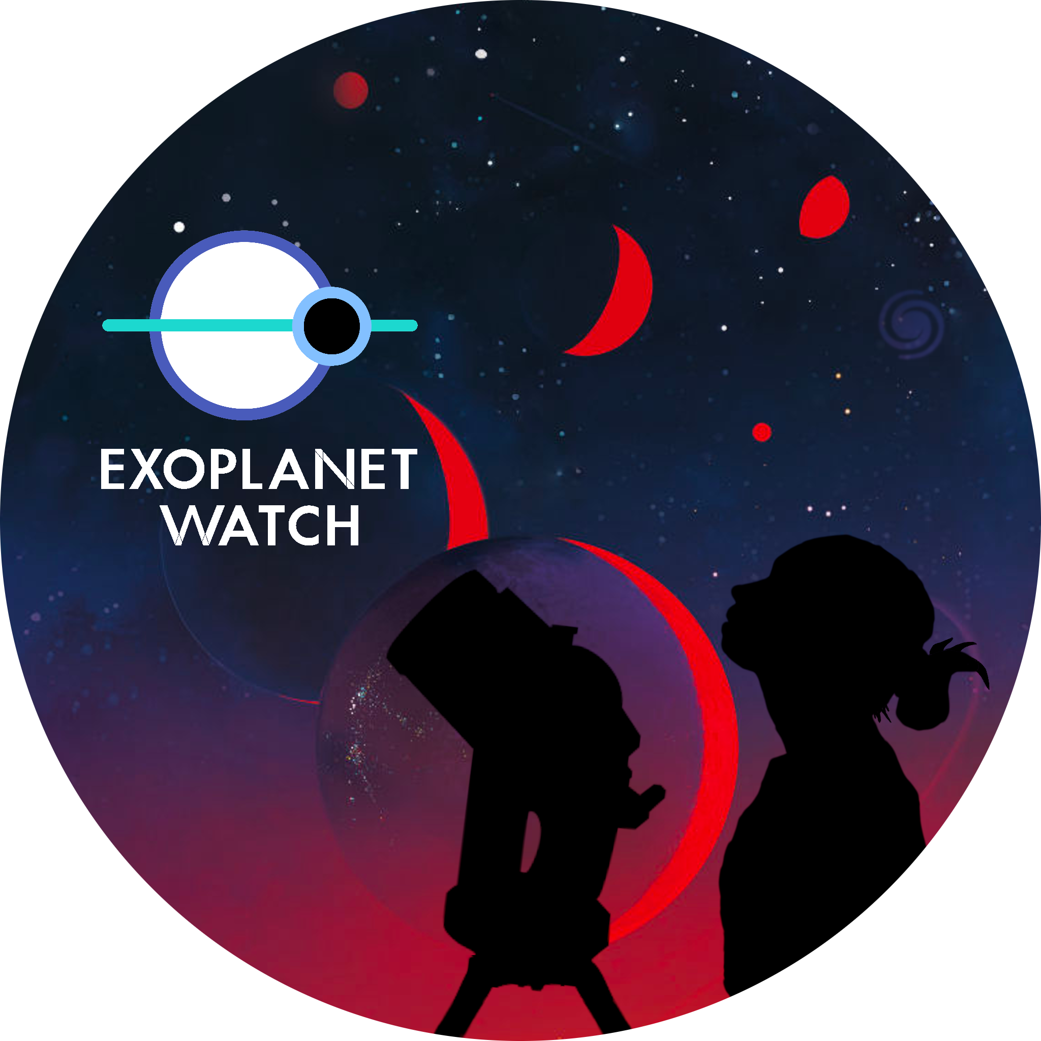 Exoplanet Watch. A person with a telescope looks up towards a symbol of a transiting exoplanet against a background of exoplanets in the night sky. 