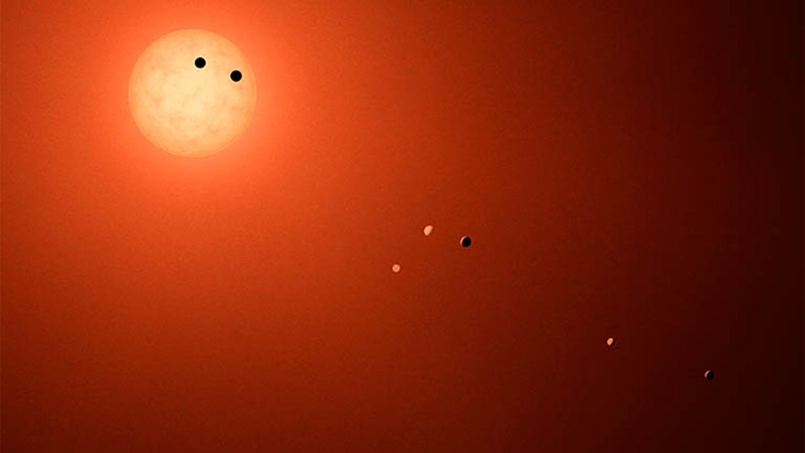 The TRAPPIST-1 system consists of seven Earth-sized planets orbiting a red dwarf star.