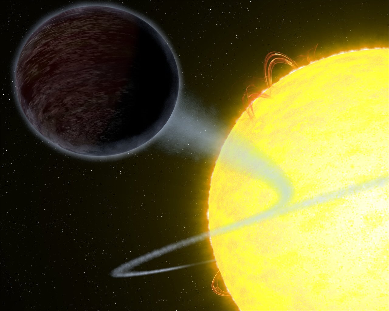 This illustration shows one of the darkest known exoplanets — an alien world as black as fresh asphalt.