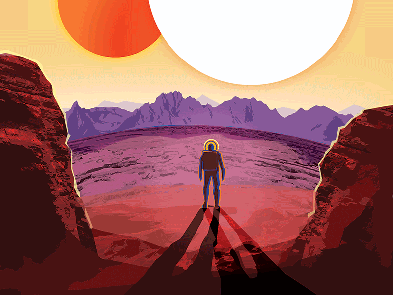 GIF of a travel poster for Kepler-16b