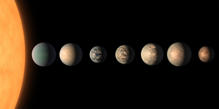 seven rocky planets are seen next to eachother and their star