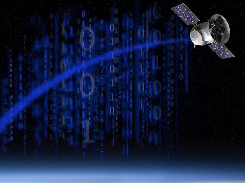 Illustration of TESS sending data back to Deep Space Network antenna.