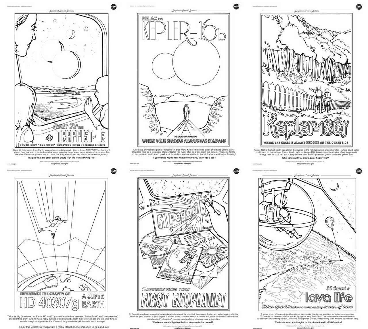 Collection of coloring pages based on futuristic galactic travel destinations.