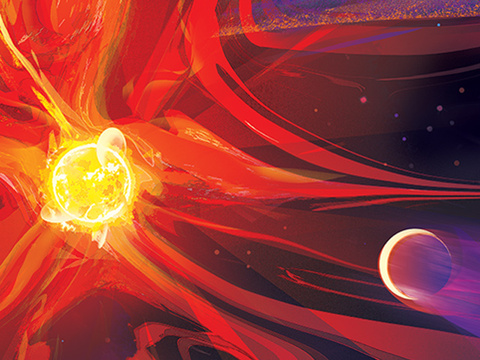 Giant flares from a giant, bright young star in oranges, reds and bright yellow burst from the star, affecting a nearby planet. You can see the planet’s atmosphere being blasted away by the energy.