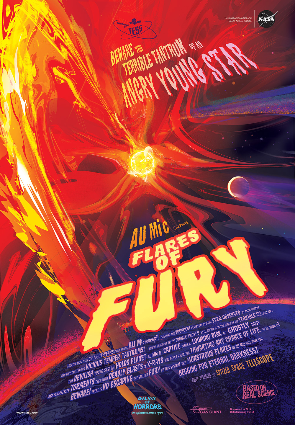 Giant flares from a giant, bright young star in oranges, reds and bright yellow burst from the star, affecting a nearby planet. You can see the planet’s atmosphere being blasted away by the energy.