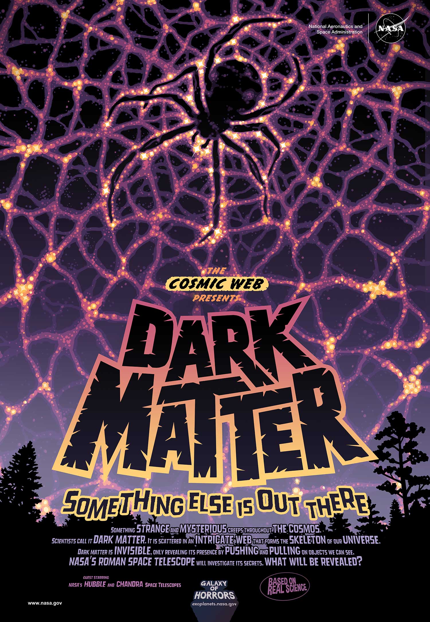A luminous web is visible in the night sky beyond a treeline. Scattered between the nodes of the web is darkness, signifying the presence of dark matter. In the center of the web, the darkness melds to form the shape of a spider. 