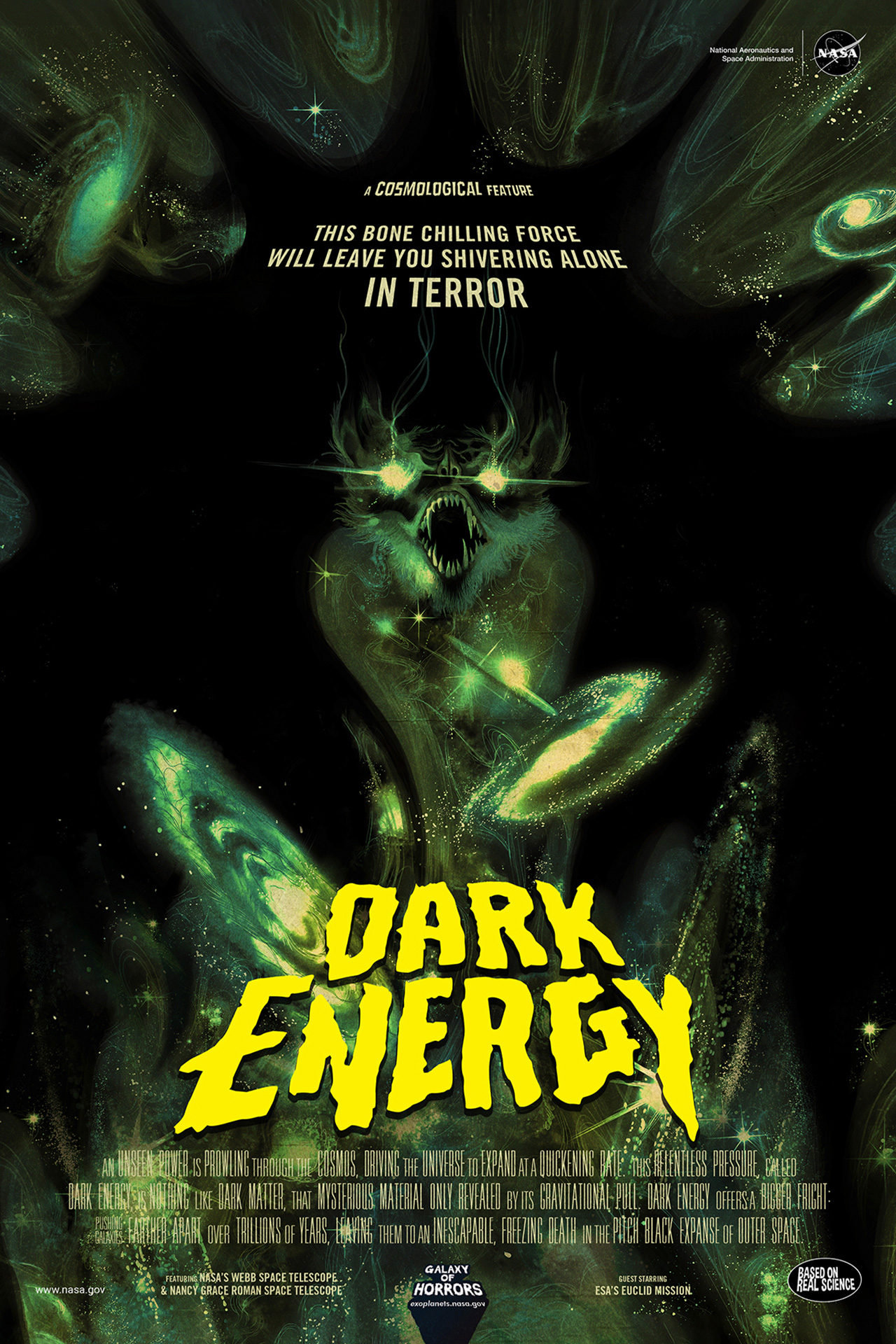 This poster pictures an ominous, green bat that emerges from the cosmos, pushing objects like galaxies and stars further apart into the void of outer space.