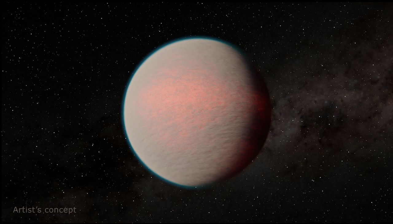Artist's illustration shows a whitish-gray exoplanet, a "mini-Neptune," shrouded in haze; a reddish warm spot is visible beneath the clouds on the near face of the planet.