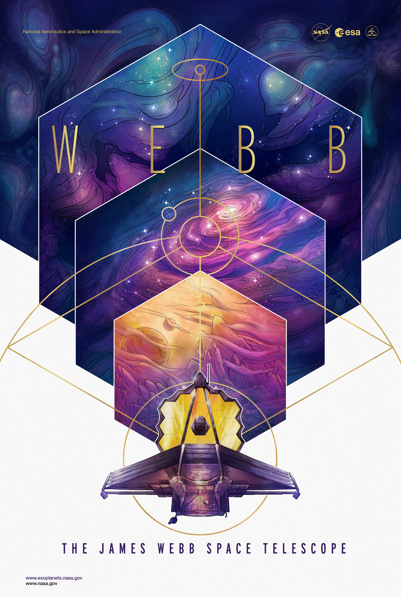 illustrated poster depicting the James Webb Space Telescope against a colorful geometric background