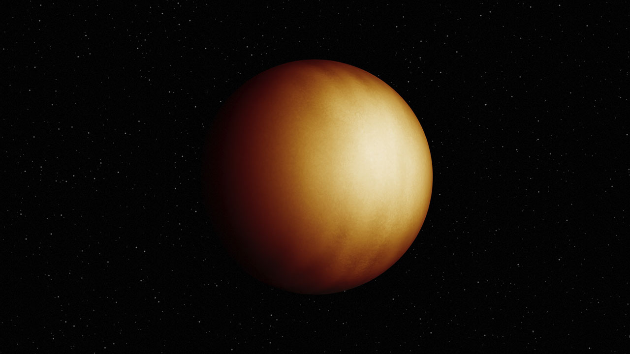  An illustration shows a yellow-orange exoplanet in a three-quarter view against the star-smattered black of space. The planet's gaseous atmosphere fades from a very bright dayside to a much dimmer nightside and there are subtle bands going north-south. It is at its brightest to the right of center.