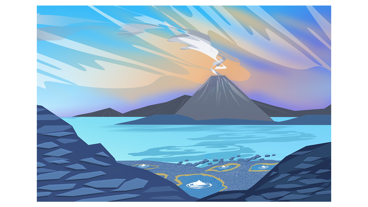 An illustration in a style similar to a National Parks poster shows a rocky shoreline in the foreground, an expanse of water lapping against it and, on the horizon, the cone of a volcano releasing a white cloud of gas against a sky with dusky light.