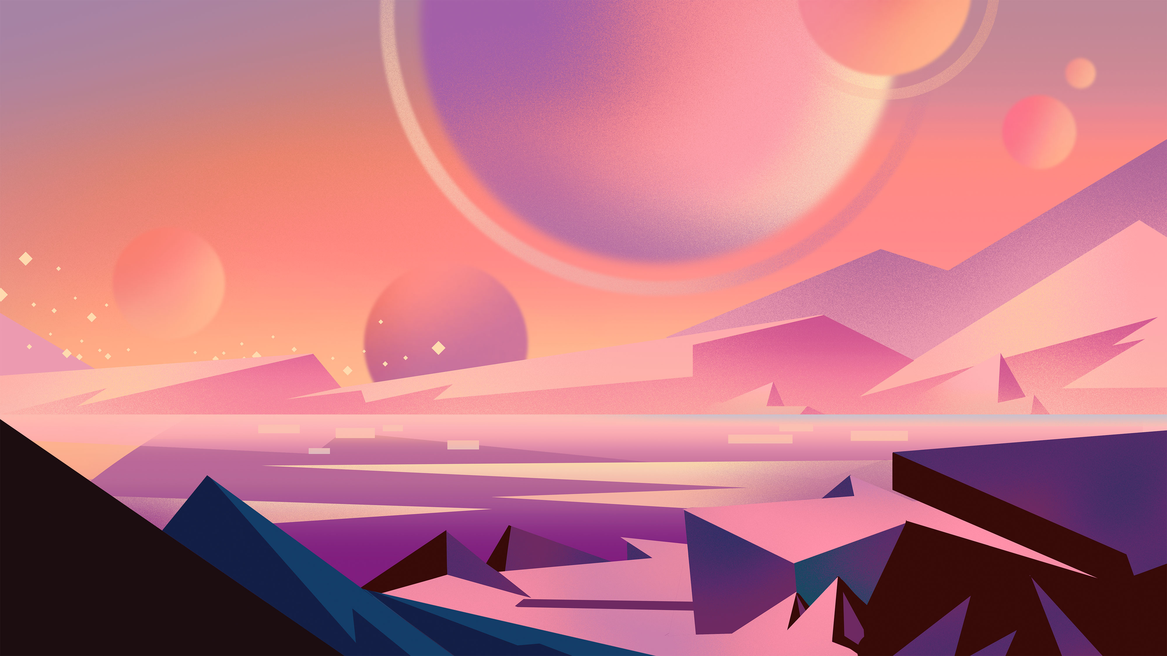 slide 5 - The surface of the rocky, terrestrial exoplanet Trappist-1e is depicted in shades of blue and purple and in a bold, cartoon style. Other planets from the Trappist system can be seen in the night sky and the landscape is a mix of small mountains, rocks, and some blue spots that allude to the possibility that there could be water on the planet's surface. 
