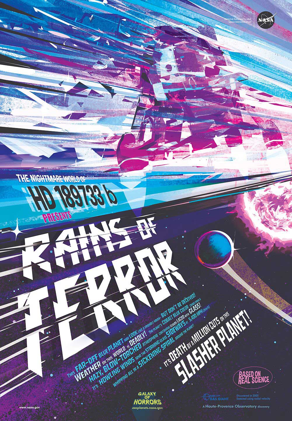 A poster done in the style of a vintage poster for a horror movie. Reading "Rains of Terror" It's death by a million cuts on this slasher planet. Jagged edges of glass can be seen battering a spacecraft on this alien world.