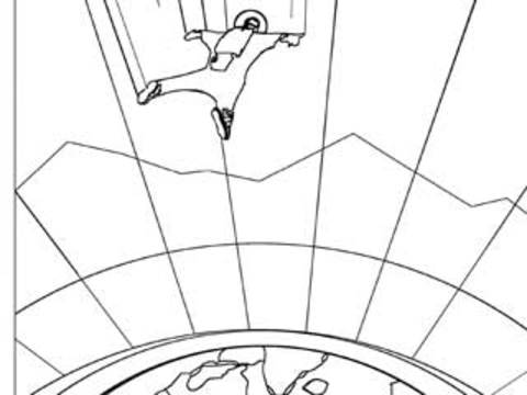 A coloring page based on our popular Exoplanet Travel Bureau poster for HD 40307 g that shows the effects of super gravity as a skydiver descends over the planet.