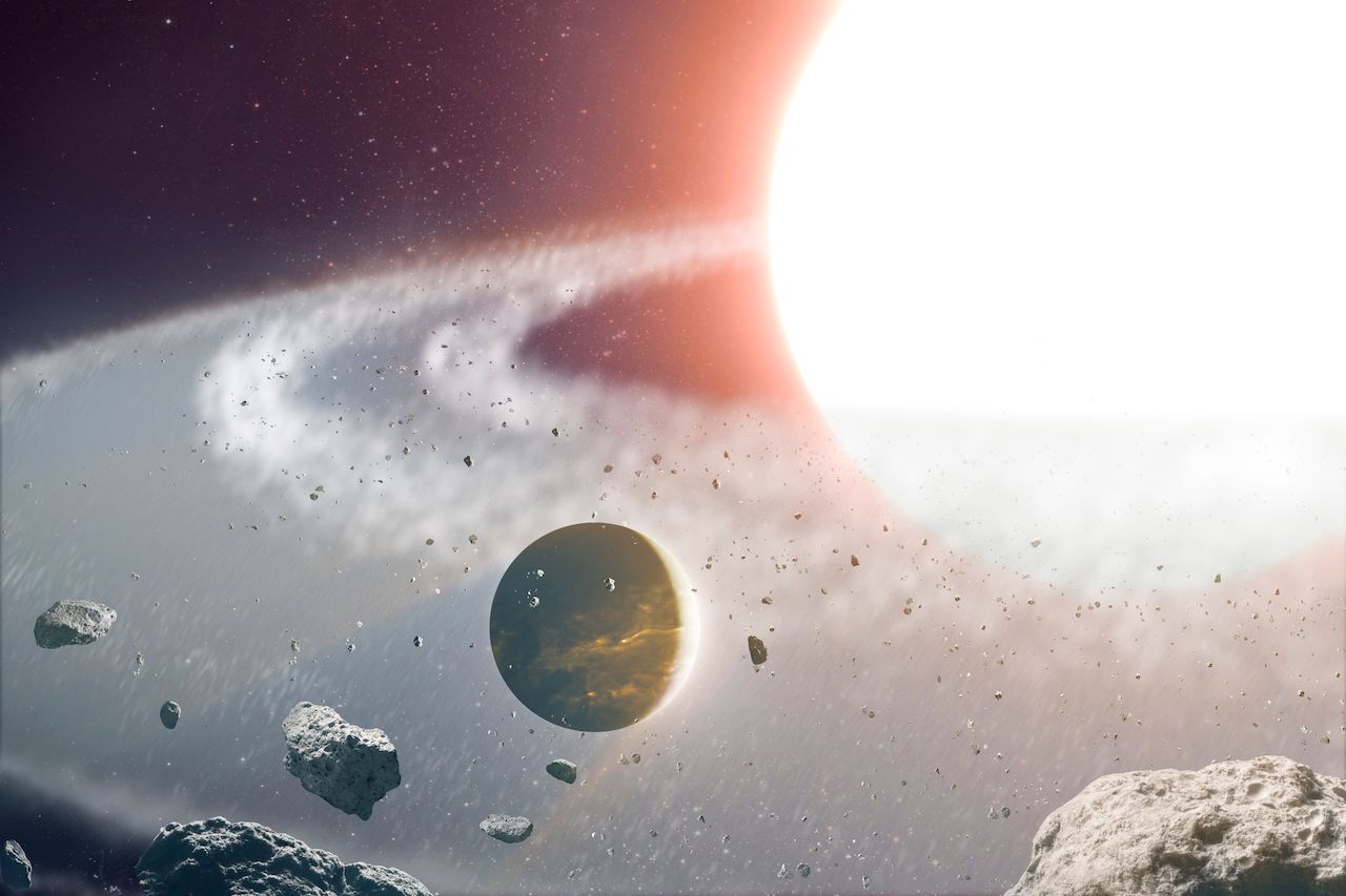 Illustration shows a large, gaseous planet on the lower left, its large bright star on the upper right, the planet orbiting amid rocky debris.