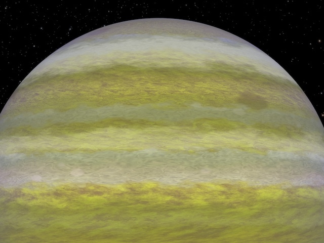 Illustration shows the upper two-thirds of a gas-giant planet, TOI-4600 c, that is similar to Saturn (minus the rings). Cloud bands alternate between light tan, yellow, and darker yellow verging on green.