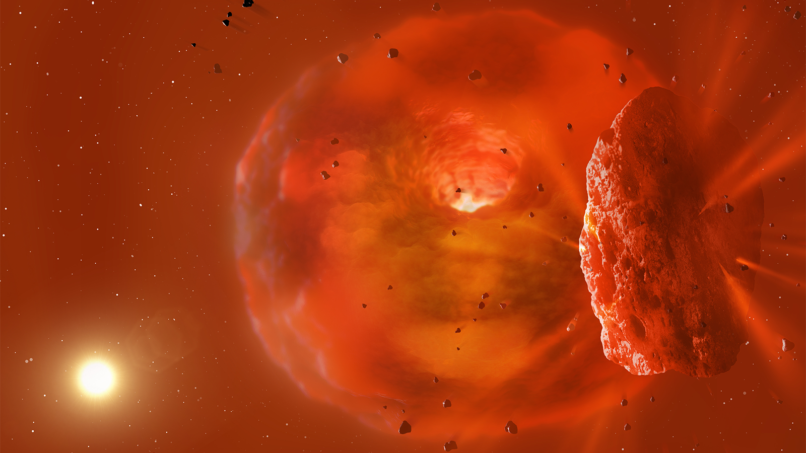slide 5 - This illustration depicts the aftermath of a collision between two giant exoplanets. What remains is a hot, molten planetary core and a swirling, glowing cloud of dust and debris. Credit: Mark A. Garlick 