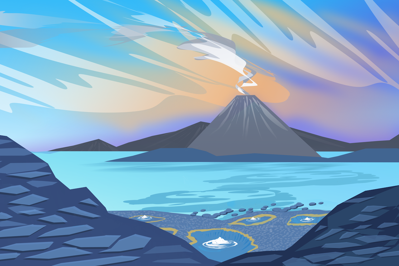 An illustration in a style similar to a National Parks poster shows a rocky shoreline in the foreground, an expanse of water lapping against it and, on the horizon, the cone of a volcano releasing a white cloud of gas against a sky with dusky light.
